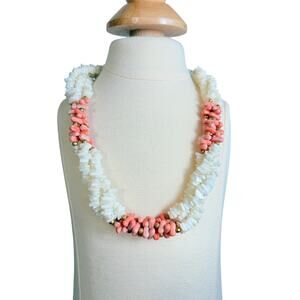 Vintage Beaded Coral With Mother of Pearl Twisted Three Strand Braid Necklace